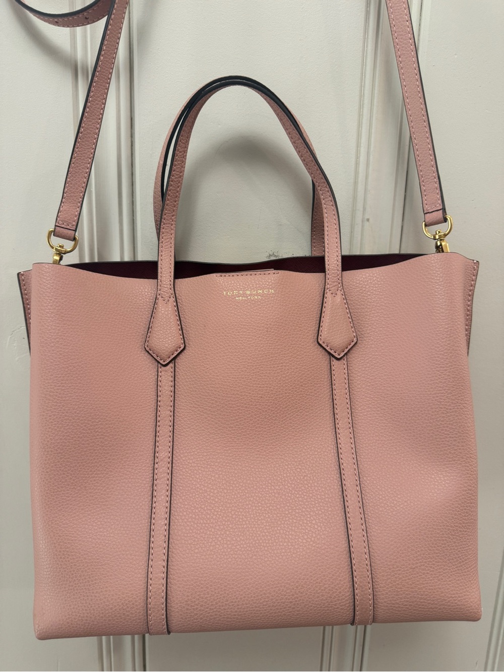 Tory Burch Pebbled Leather Tote | Blush Pink | Crossbody Strap | Perry Style - Picture 6 of 12